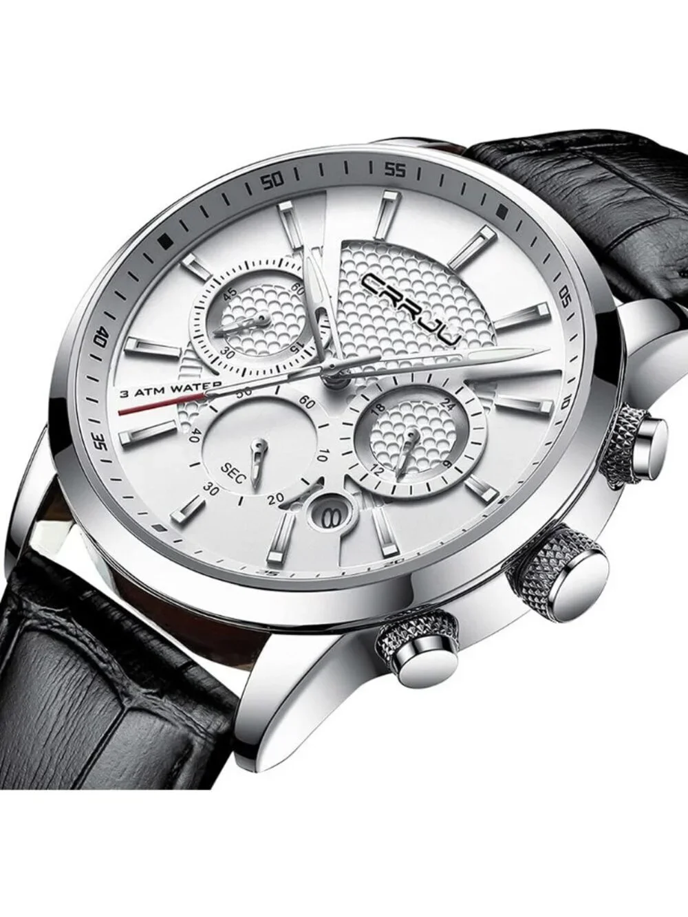 Mens White Black Leather Strap Casual Chronograph Quartz Waterproof Wrist Watch